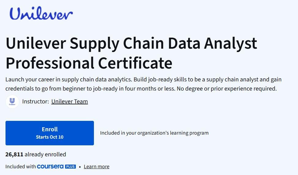 Coursera – Unilever Supply Chain Data Analyst Professional Certificate